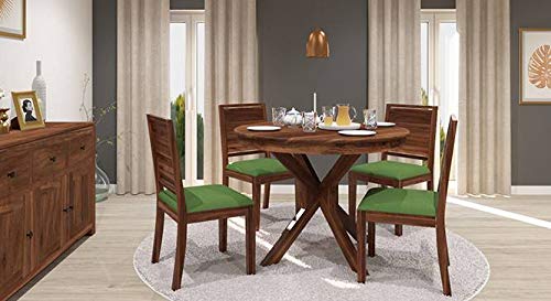 Image of Sheesham Teak Wood 4 Seater Round Dining Table with Chairs Set | Wooden 4 Seater Round Dining Table | 4 Seater Dining Table Set | Dining Room Set | Provincial Teak