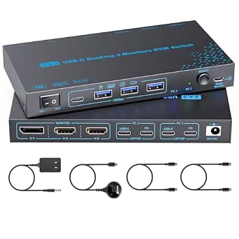 KVM Switch for 2 Laptops and 3 Monitors, 4K@60Hz USB-C, 2 HDMI + 1 DisplayPort, with PD Charging