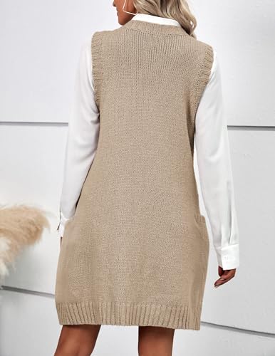 Image of HOTOUCH Women Sweater Vest Oversized V Neck Sleeveless Knit Pullover Ribbed Vest Dress with Pockets