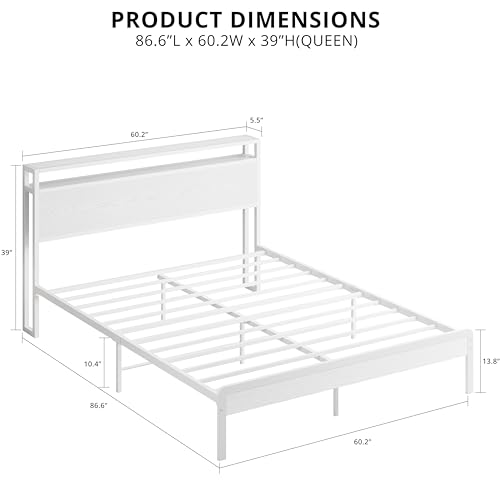 Image of LIKIMIO Queen Bed Frame with Headboard, Wood Camas Queen with Strong Supports, Sturdy, Noise-Free, No Box Spring Needed, White