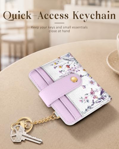 Image of Bistup Small Card Wallet for Women with Keychain, Purple Floral | durable material, clear ID window,, compact design for daily carry, sturdy keychain, aesthetic