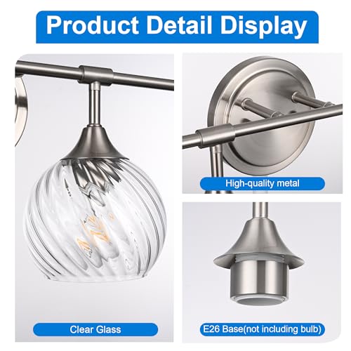 Image of MELUCEE 3 Lights Modern Vanity Lights Over Mirror, Brushed Nickel Bathroom Lighting Fixtures with Clear Striped Swirl Glass Shade, Metal Wall Mount Lamp for Mirror, Bathroom Living Room Workshop