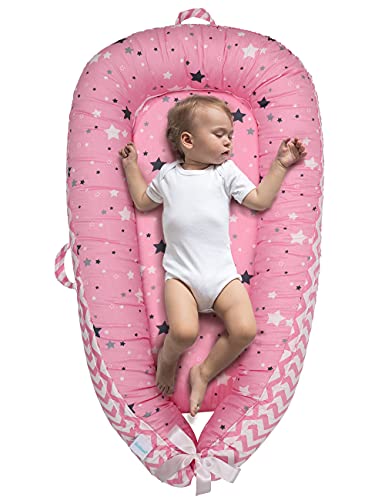 GoXteam Baby Lounger Baby nest,Ultra Safe Feeling to Cluddle Newborn,Protect Infant Spine,Crib&Bassinet Suitable,Portable to Indoor&Outdoor,Baby Gift for Napping,Co Sleeping |Reversible:Pink Star+Grey