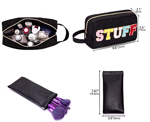 Ginsco Chenille Letter Cosmetic Bag, Large Capacity Preppy Patch Makeup Bag,Varsity Letter Stuff Pouch with Makeup Brush Holder Multipurpose Portable Travel Toiletry Bag with Carrying Handle Black - Image 5