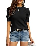 Bodosalia Womens Puff Short Sleeve Sweater Casual Summer Crew Neck Pullover Tops Ribbed Knit Sweater Blouse Black