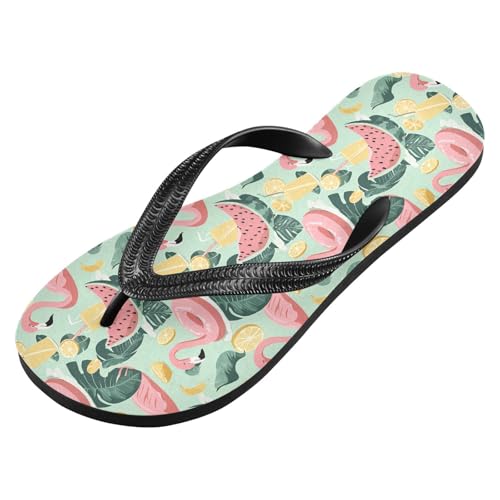 ALAZA Watermelon Lemon Pink Flamingo Flip Flops for Women Fashion Beach Slippers Comfort Mens Flip Flops Non-Slip Rubber Shower Slippers Sandal for Hotel Travel Sport,XS2
