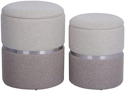 SOFT ASS Modern Linen Storage Ottoman Khaki and Brown Footrest with Silver Stainless Steel Ring Waist for Living Room Bedroom and Entrance (Khaki and Brown, Pack of 2)