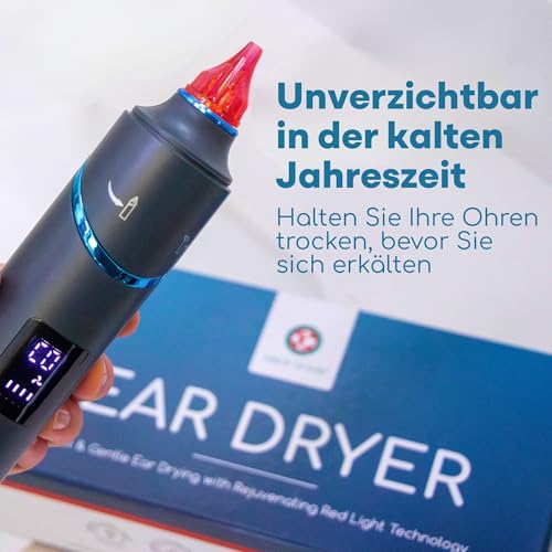 Medi Grade Elektrischer Ohrentrockner - Tragbares Warmluftgerät zum Ohren Trocknen mit Wohltuendem Rotlicht, Einstellbarer Temperatur und USB-C - Ideal nach dem Schwimmen oder Duschen