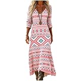 Vestido Maxi Bohemio Mujer 2026 de Lino Suave, Cuello en V Profundo y Manga 3/4, Vestido Largo Casual Estilo Retro Hippie para Verano y Playa, Suelto y Transpirable, Tallas Grandes Chic