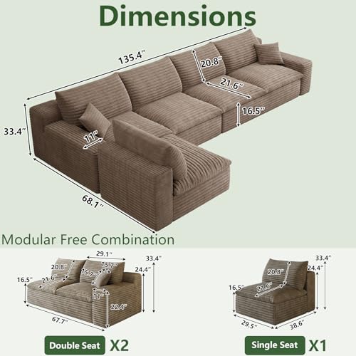 Image of 136 inch Cloud Couch Modular Sectional Sofa for Living Room, L-Shape Boneless Couch with Deep Seat, Modern Corduroy 5-Seater, No Assembly Required,Camel