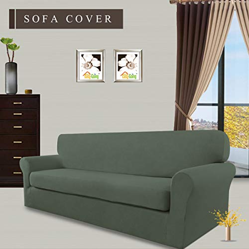 Image of Easy-Going 2 Pieces Stretch Couch Sofa Slipcover Washable | Spandex Soft Fitted Sofa Couch Cover for Sofa Furniture Protector with Bottom Kids,Pet Dog Greyish Green