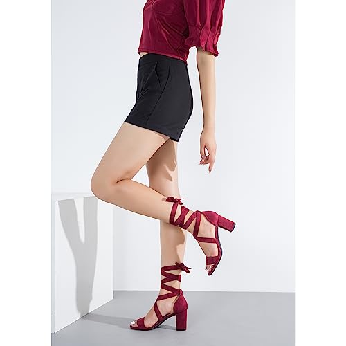 fereshte Women's Strappy Lace Up Ankle Wrap Block Heel Sandals, Open Toe Chunky Heels, 3 Inch Burgundy 41 - US 9 by fereshte - Used condition - Image 3