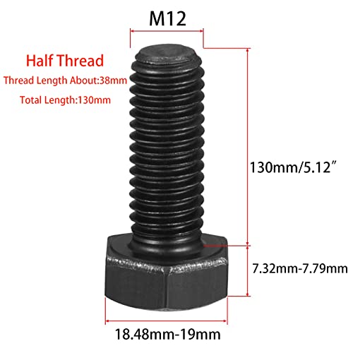 Image of M12-1.75 x 130mm Carbon Steel Grade 8.8 External Hex Head Screw Bolts Metric Thread Hexagon Bolts Fastener for Hardware Furniture Machinery Black 4pcs