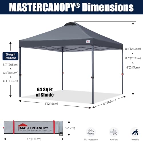 Image of MASTERCANOPY 8x8 Durable Pop Up Canopy Tent with Roller Bag, Dark Grey