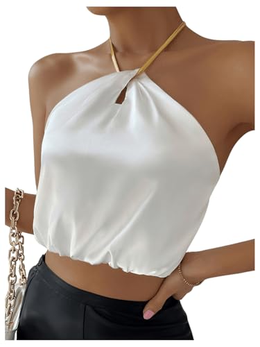 SOLY HUX Women's Crop Halter Tops Sleeveless Backless Going Out Satin Crop Tops