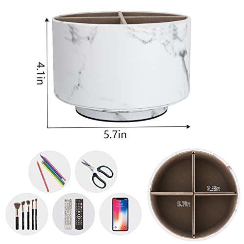 Rantuns Round Leather Marble Remote Control Holder, 360°Spinning Office Supplies Desktop Organizer, 4 Compartments Multi-Functional Desktop Stationary Organizer For Pen, Phone, Heater Controllers #TOP2