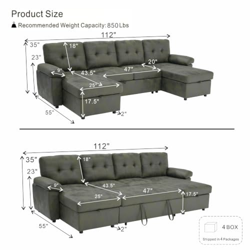 Image of KEIKI 112 inch Sleeper L Shaped Sofa with Pull Out Bed,
