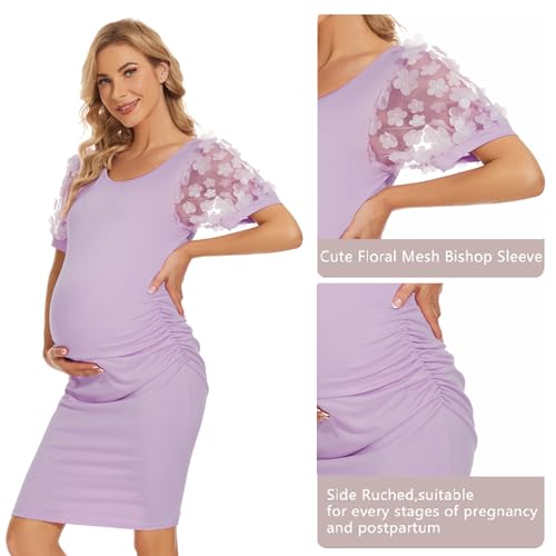 Floral Mesh Bishop Short Sleeve Maternity Midi Dress, Summer Maternity Bodycon Dress for Baby Shower by LAHILO - Used condition - US$23.36