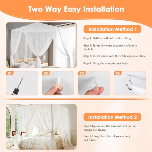 Qinzave Canopy for Bed 4 Corner White Canopy Bed Curtains, Mosquito Net Bed Canopy for Twin King Queen Full Size Bed, Canopy Bed Curtains Drapes for Indoor Outdoor Room Decor Mosquito Netting - Thumbnail 6