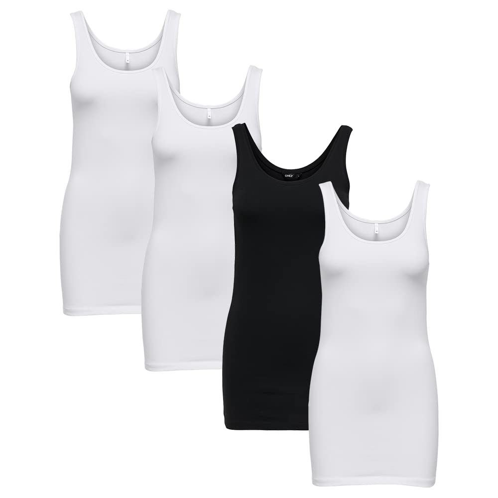ONLY 4er Pack Damen LIVE Love Long Oberteile Basic Tank Tops, Tank Tops in Schwarz Weiß Mehrfarbig, Größe:M, Farbe:Mehrfarbig3
