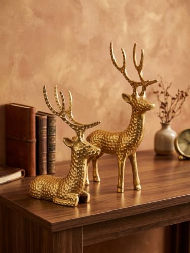Image of Gold Deer Figurine Set of 2, Hammered Finish Reindeer Sculpture