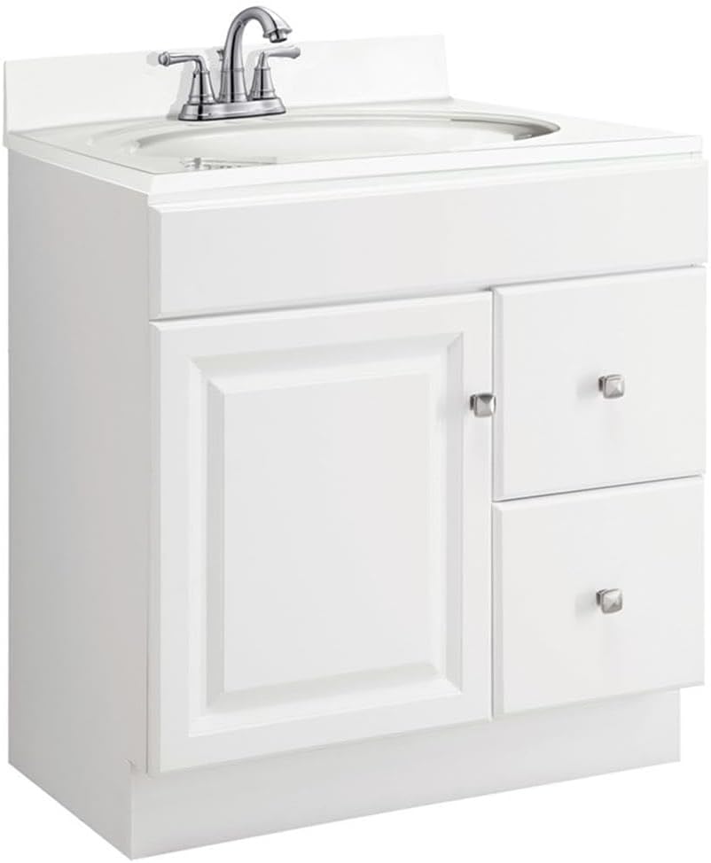 Pemberly Row 30-Inch Wood Bathroom Vanity Without Top, White Finish, 2-Drawer Storage Cabinet, Satin Nickel Hardware, Modern Traditional Style, Compact Design for Small Bathroom
