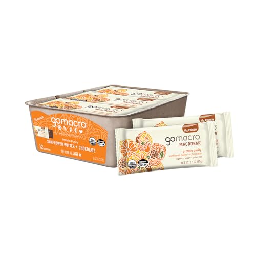 GoMacro MacroBar Organic Vegan Protein Bars - Sunflower Butter + Chocolate (2.3 Ounce Bars, pack of 12)