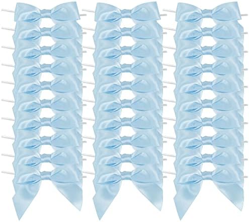 AIMUDI Light Blue Satin Ribbon Twist Tie Bows 3.5" Pre-Tied Baby Shower Bows Premade Baby Blue Bows for Crafts Treat Bags Cake Pop Gift Wrapping Wedding Favors Gender Reveal Birthday - 50 Counts