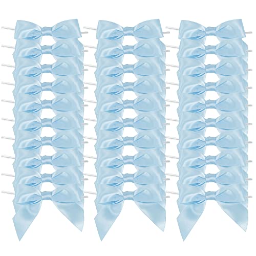 Aimudi Light Blue Satin Ribbon Twist Tie Bows 3.5" Pre-Tied Baby Shower Bows Premade Baby Blue Bows For Crafts Treat Bags Cake Pop Gift Wrapping Wedding Favors Gender Reveal Birthday - 50 Counts #TOP6