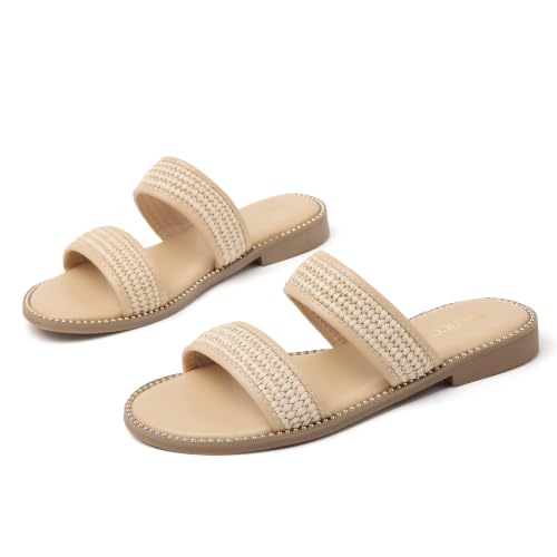 Image of Tilocow Women's Flat Sandals Two Strap Summer Dressy Studded Slide Sandals Open Toe Cute Casual Slip on Comfort Shoes for Beach Travel Daily Wear