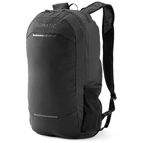 Gomatic Faltbarer Tagesrucksack 20 L – Leicht erweiterbarer Travel- & Hiking-Pack, faltbar & kompakt, mit 16 L Grundvolumen, Laptopfach, Trinkblasen-Kompatibilität, wasserabweisend – Schwarz