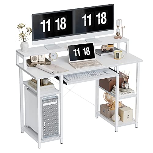 CubiCubi 120 cm Computertisch mit Aufbewahrungsregalen, Monitorständer und Tastaturablage, Schreibtisch für das Home Office, Studiertisch, Weiß