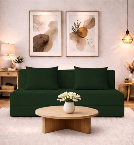 Image of Adorn India Easy 3 Seater Sofa Cum Bed | Velvet Fabric | Dark Green | Plain Design | 6x5 Ft | Comfortable Seating | Washable Cover | Perfect for Home & Office
