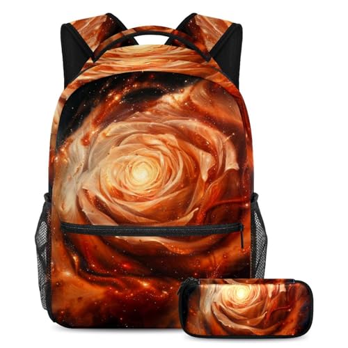 Sac à dos 2 pièces orange rose galaxie pour fournitures scolaires