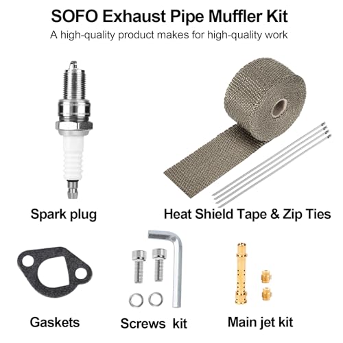 Image of SOFO Upgraded Exhaust Header Pipe Muffler for Predator 212cc 196cc 224cc 200cc Coleman CT200u BT200X B200R KT196 Baja MB200 Go Kart Mini Bike w /Heat Shield Tape