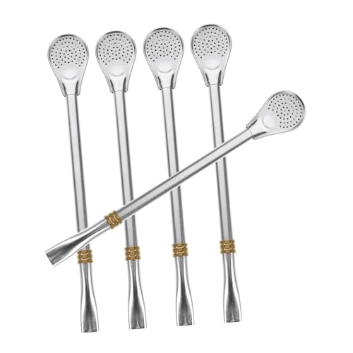 Frcolor 5個 ステンレス製コーヒーフィルタースプーン 多機能ストロー兼用 フラットマウス設計 飲みやすい ホロウテールフィルター付き コ