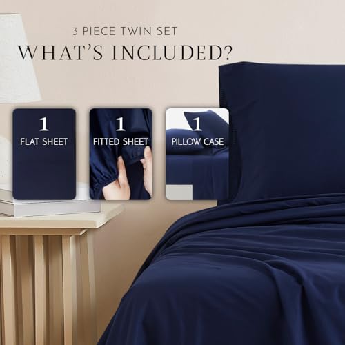 Image of Linen Closet 100% Organic Cotton Twin Sheet 3 Pcs Set, Cotton Sheets with 16 inch Deep Pocket, Navy, Bed Sheets for College Dorm Essential, Crisp & Breathable, Percale, Naturally Cooling(Pack of 4)