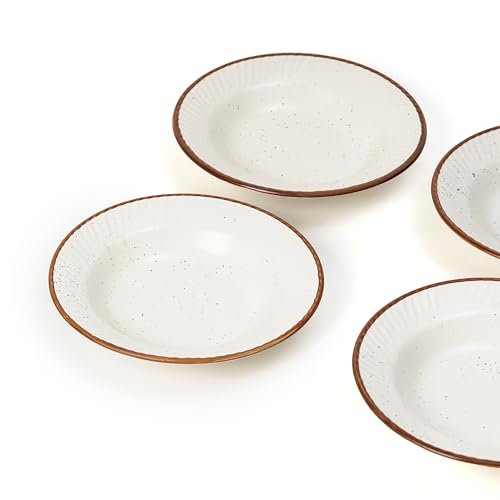 Image of Beyond Homes Ceramic Pasta Plates Shallow, 19 cm, Set of 4, White Brown | Matte Finish Ceramic Pasta Bowl | Stoneware Flat Pasta & Maggie Bowl | Chip Resistant | Microwave Safe (4, White Brown Border)