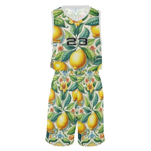 FLildon Ceramic Tile Lemon Leaves Boys Basketball Jersey Set Tank Top Shorts Tracksuit Sport Training Suit for Kids, S