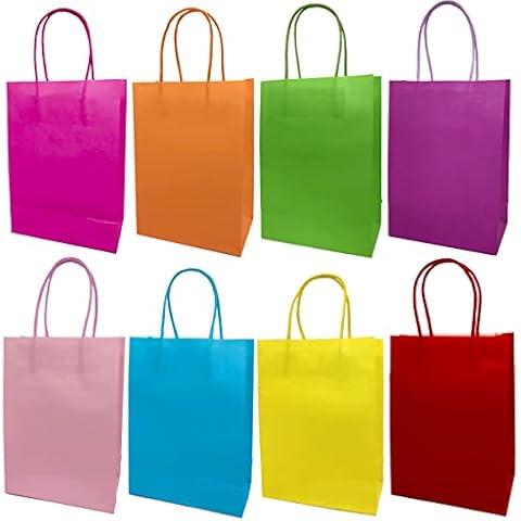 32 pieces Paper Party Bags Paper Gift Bags with Handles Party Favor Bags for Presents Sweet Candy Gift Bags Small Kraft Bags Food Goody Bag for Kids Birthday Celebration - 8 Colors 15x21x8cm Cover