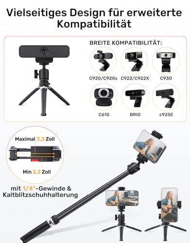 Bolunber Webcam-Stativ für Schreibtisch, 3-stufig ausziehbares Kamerastativhalterung für Logitech Webcam C920 C922 C922x C925e C930 C930e C615 Brio 4K NexiGo N60 und mehr, mit 1/4-Gewinde