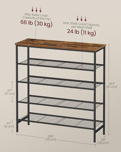 Image of VASAGLE Shoe Rack, Shoe Storage Rack for Closet, Entryway, Living Room, Free Standing Metal Organizer Shelf, 5 Tiers, 11.8 x 29.5 x 34.3 Inches, for 18-24 Pairs, Rustic Brown and Ink Black ULBS050KD01