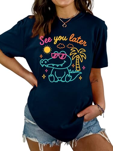 Last Day of School Teacher Shirt Women Funny Summer Break Tshirts Schools Out for Summer Short Sleeve T-Shirts Tops Navy Blue