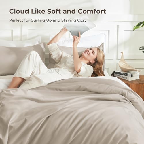 Litanika Comforters Oatmeal Oversized Queen Size, 3 Pieces Lightweight Solid Bedding Comforter Set, All Season Fluffy Bed Set (98x98In Comforter & 2 Pillowcases) - Thumbnail 2