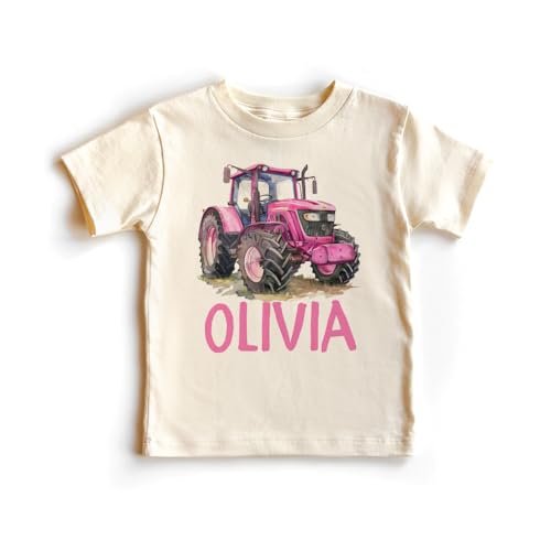 Custom Girls Pink Farm Tractor Shirt - Personalized Kids Name Farmer Birthday Outfit - Natural Toddler Youth Tee