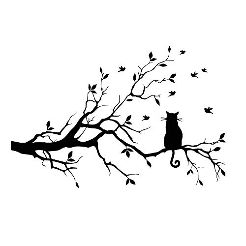 Branche d'arbre feuilles avec chat stickers muraux autocollants amovible vinyle oiseau autocollant autocollant décor pour la maison décorations de chambre noir