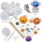 THINNGEN Solar System Model for Crafts, 54 Pack Solar System Project Kit Includes Polystyrene Foam Balls, Flags, Brushes, Sticks, Color Set, Mixing Tray, Stickers, Balloon for DIY Learn Planets