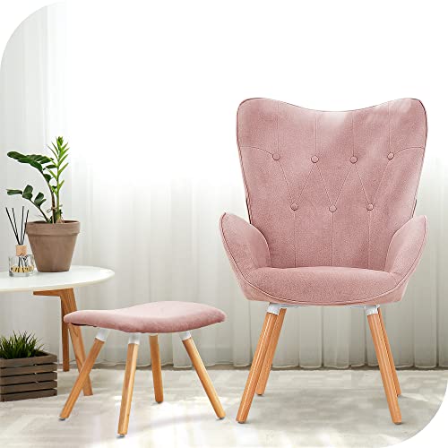 Hernest Modern Accent Chair With Ottoman Set, Comfy Upholstered Living Room Sofa Chair With High Back Armrest And Wood Legs Reading Armchair Vanity Chair With Ottoman For Bedroom Living Room, Pink #TOP2