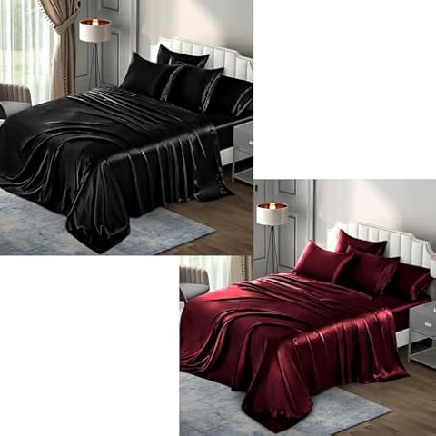 P Pothuiny 6 Pieces Black Satin Sheets + 6 Pieces Burgundy Satin Sheets Queen Size Bedding Sheet Set Cover