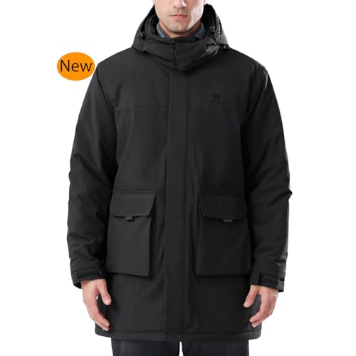 CAMELSPORTS Men's Winter Ski Jacket Snow Coats Waterproof Detachable Hood Windproof Rain Jackets Black Large